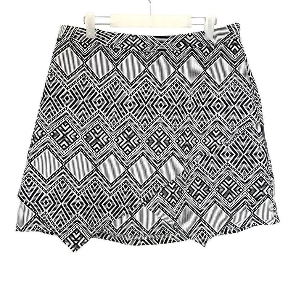 Bobeau Geometric Tribal Aztec Asymmetrical Wrap Pull-on Skort Black White Large